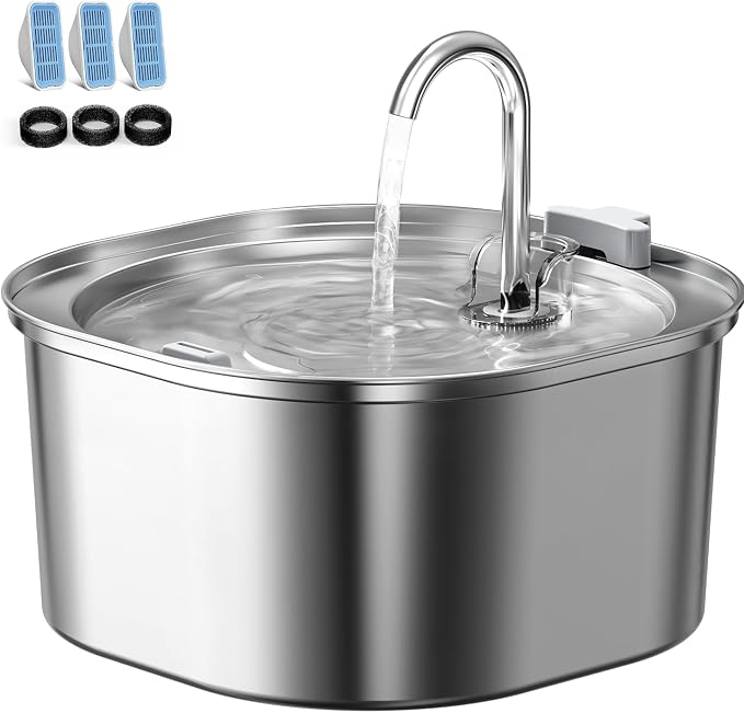 PEKTACO Cat Water Fountain, 3.2L Pet Drinking Fountain with 3 Filters | Stainless steel cat drinking fountain, dishwasher safe, with triple filtration, quiet pump, faucet for cats and small pets by PEKTACO