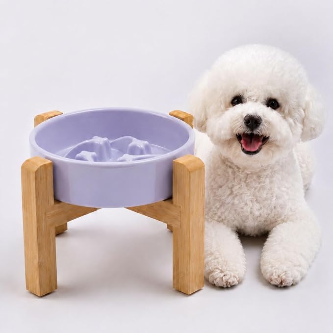 Elevated Ceramic Slow Feeder Dog Bowls Anti-Choking Slow Feeding for Small&Medium Size Anti-Slip Non-Lead & Toxic Durable Easy to Clean Maze Slow Feeder Bowl（8.26in Light Purple Stars Pattern） by addggo