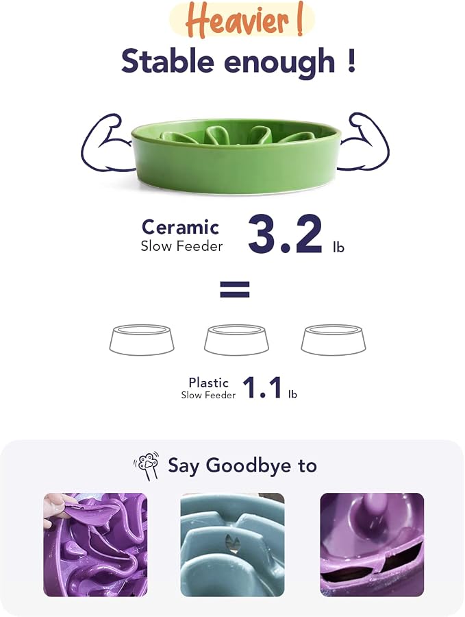 LE TAUCI Ceramic Slow Feeder Dog Bowls Elevated for Small and Medium Breed, Dog Bowls with Wooden Stand, 1.5 Cups Pet Dishes to Slow Down Eating, Anti-Gulping Pet Feeding Dishes, Clover Green - Image 3