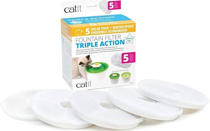 Catit Triple Action Replacement Original Water Fountain Filters, 5 Pack – Official Replacement Filters for Catit Cat Drinking Water Fountains by Catit