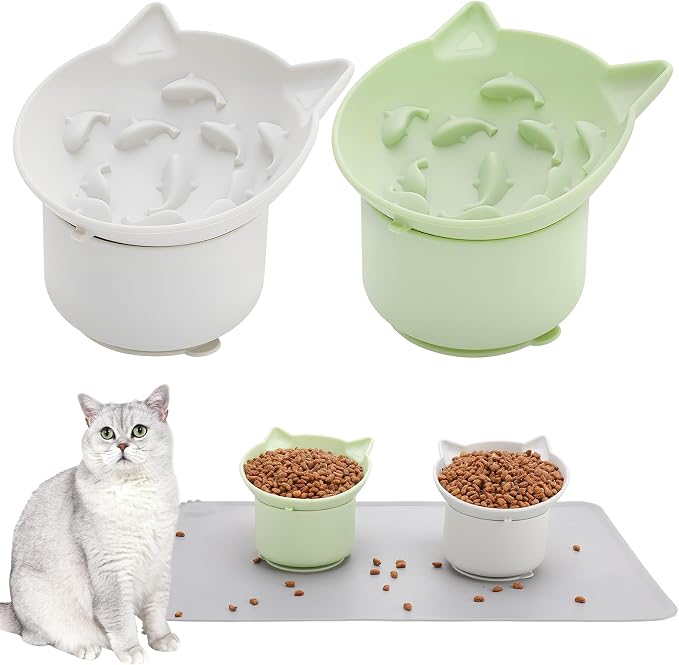 2Pack Slow Feeder Cat Bowls Silicone Tilted Raised Pet Bowl | Non Slip Base for Digestion Anti Vomit by Guiqulai