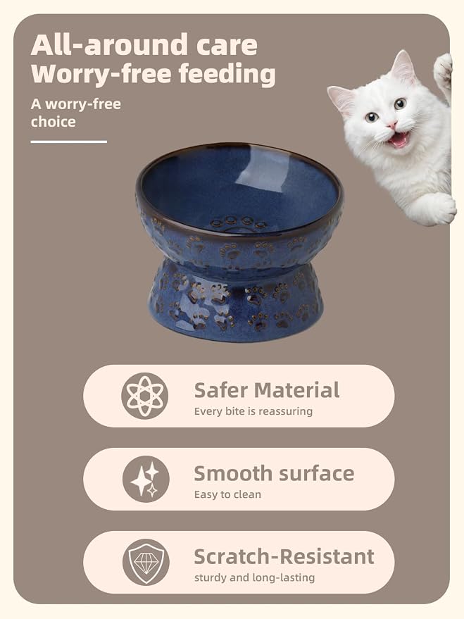 Ceramic Tilted Elevated Small Cat Bowl, for Fat Faced Cat, Kitten, Blue | 15° Tilted Elevated Design,5oz Small Meal Capacity,Chin-Friendly Ceramic,Paw Print - Image 3