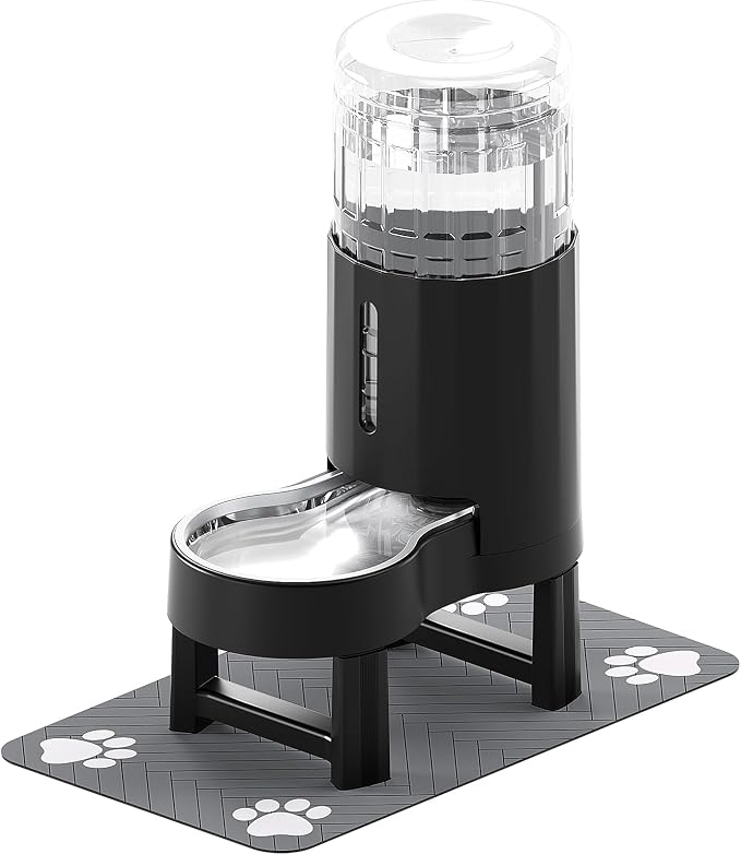 CZPET Elevated Dog Water Bowl Dispenser 8L (8L+Stand+Mat, Black) | With Stainless Steel Bowl Gravity Waterer, Large Capacity and Drinking Area Noise-Free for Pets by CZPET