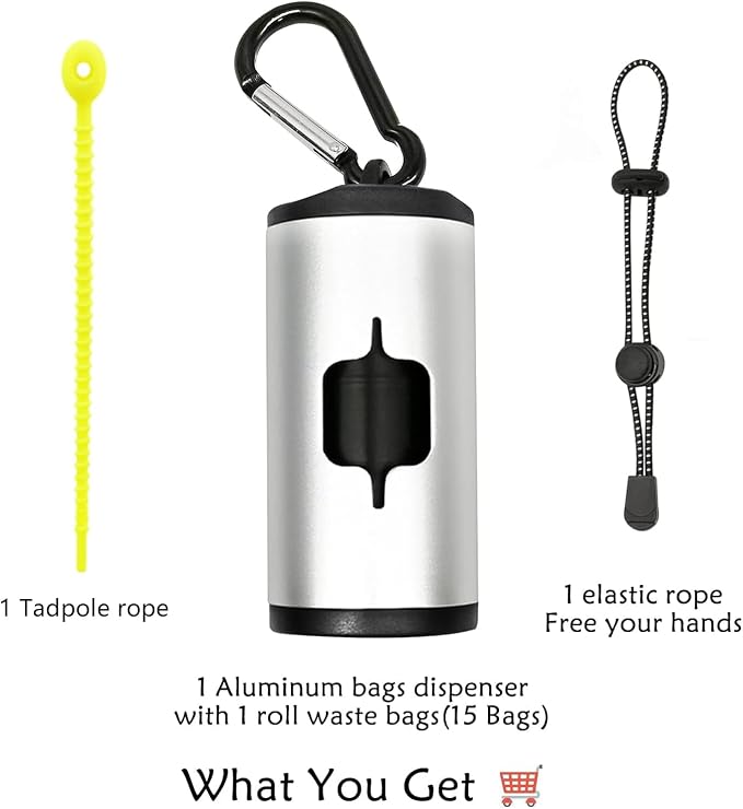 YUCHIYA Aluminum Dog Poop Bags Holder with Carabiner Metal Pet Waste Bags Dispenser with Hook and Loop Fastener and Elastic Cord to Carry Used Bags (Silver, 1 Holder 15 Bags) - Image 5