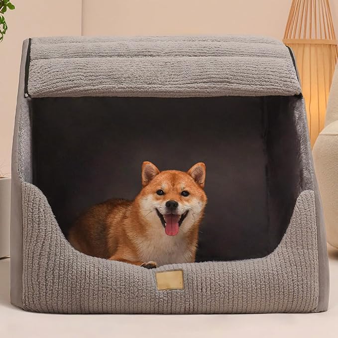 Large Dog House Indoor, Soft Plush Dog Cave Bed Covered Dogs Bed with Fluffy Washable Cushion, Portable Dog/Cat Pet Tent House for Small Medium Dogs (Grey, Large) - Image 3