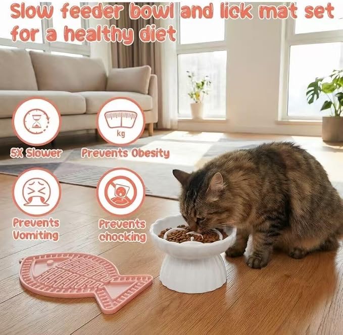 Ceramic Raised Slow Feeder Cat Bowl with Lick Mat, for Indoor Cats and Small Dogs Like Chihuahua, French Bulldog, Poodle,Anti Vomiting for Dry and Wet Food-White Bowl+Lick Mat - Image 5