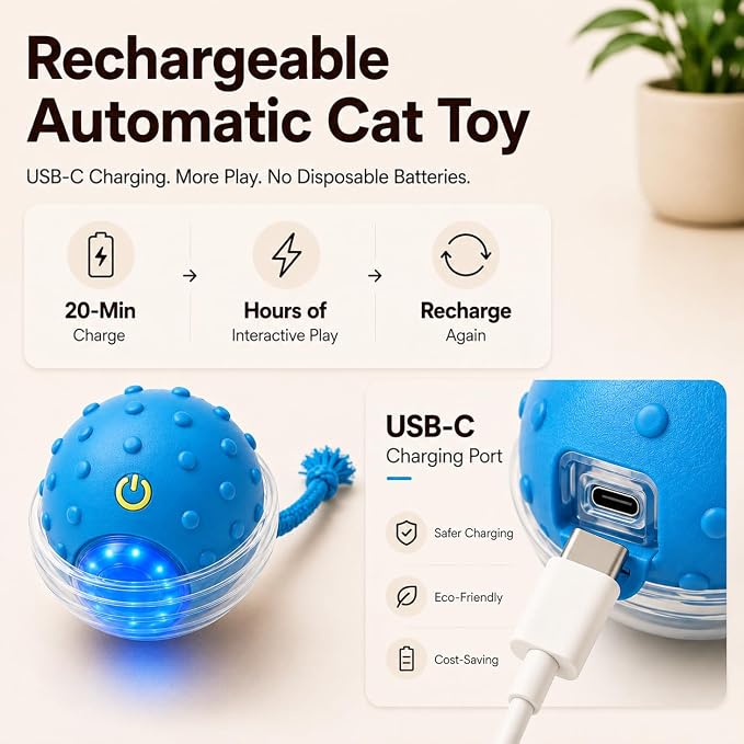 Interactive Rolling Cat Ball, Motion Activated Automatic Cat Toy | Smart Play, High Power, Anti-Stuck Rolling, Carpet & Hardwood, Chirping Sound, USB-C Rechargeable, 3 Modes, Durable - Image 7