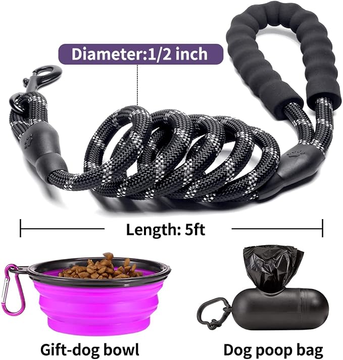 COOYOO 2 Pack Dog Leash 5 FT Heavy Duty - Comfortable Padded Handle - Reflective Dog Leash for Medium Large Dogs with Collapsible Pet Bowl - Image 6