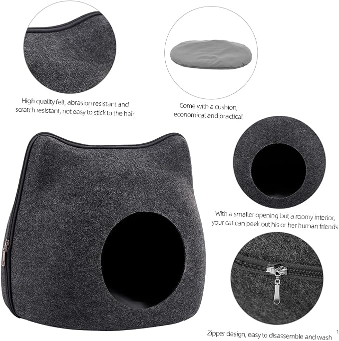 Felt Cat Cave Bed with Removable Cover, Cozy Pet Shelter for Indoor Cats, Zippered Washable Cat House with Roomy Interior (Dark Gray, for Cats Under 15 lbs, Cat Ear Style) - Image 4