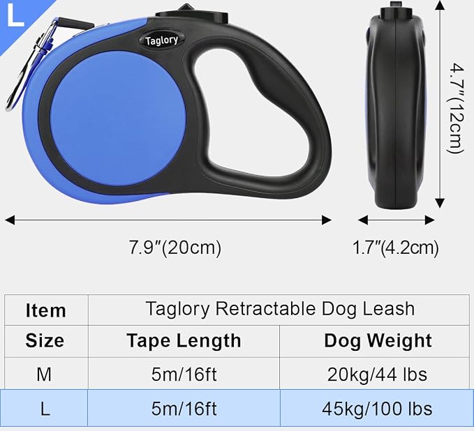 Taglory Retractable Dog Leash, One-Handed Brake, 16ft, Up to 44 lbs, Blue | More Freedom While Staying in Control, Smooth Retraction, Tangle-Free Design, Easy-Grip Handle, Daily Neighborhood Walks - Image 4