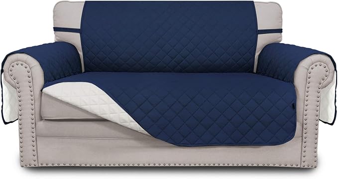 Easy-Going Reversible Loveseat Couch Cover for 2 Cushion Couch Sofa Cover for Dogs Water Resistant Furniture Protector with Foam Sticks Elastic Straps for Pet (Loveseat, Navy/Ivory) | Machine Washable Slipcover For Dogs, Water Resistant Furniture Mat F... by Easy-Going