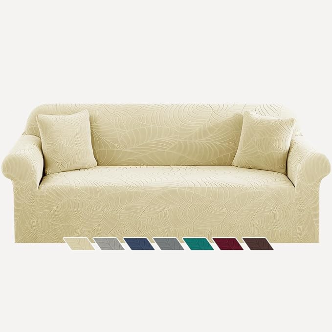 YEMYHOM Couch Cover Latest Jacquard Design High Stretch Extra Large Sofa Covers Pet Dog Cat Proof Oversized Slipcover Non Slip Magic Elastic Furniture Protector (X-Large, Begonia Leaf Beige) by YEMYHOM