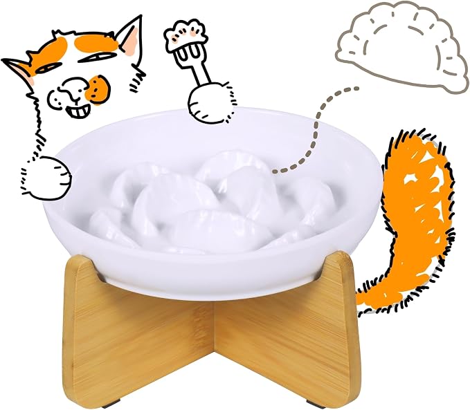 Slow Feeder Cat Bowl with Stand, Melamine Slow Eating Cat Bowl with Higher Edges Dumpling Design Elevated Cats Food Bowls for Dry and Wet Food Anti-Vomiting Puzzle Feeder for Healthy Eating Diet by FullCharm
