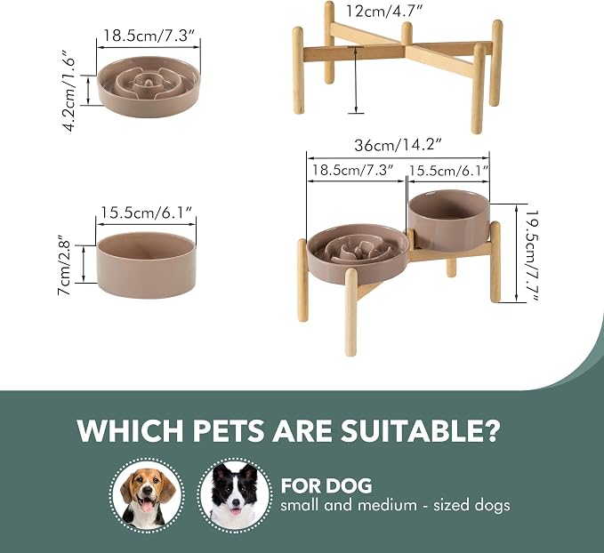 Havniva Elevated Slow Feeder Dog Bowls, Ceramic Dog Bowl Slow Feeder Set | 1.2 Cups Raised Slow Feeder Dog Bowl for Small Breed, 6.1” Dog Water Bowl with Wooden Stand, Puzzle Dog Food Bowl, Non-slip - Image 2