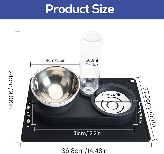 Raised Dog Cat Food Bowl, Cat Food and Water Bowl Set with Water Dispenser, Stainless Steel Bowls and Feeding Mat, Food Feeding Dishes for Indoor Cats and Small Dogs, Black - Image 2