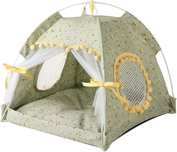 Cat Bed Tents Dog House Indoor Outdoor Lace Mesh Breathable Windows Door Curtains Removable Portable Nest Teepe House (Small,Green&Yellow) by Unknown