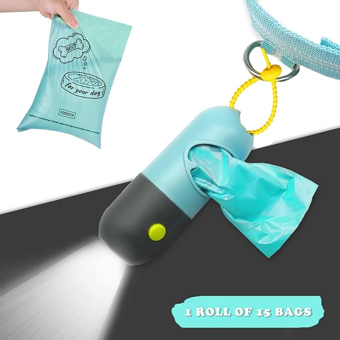 YUCHIYA Dog Poop Bag Holder Dispenser with LED Flashlight(Crystal Blue) | 100ft Ultra-Bright LED|Glow-in-the-Dark Avacado Clip|Metal Carabiner&Silicone Tether|15 Leak-Proof Scented Waste Bags - Image 6