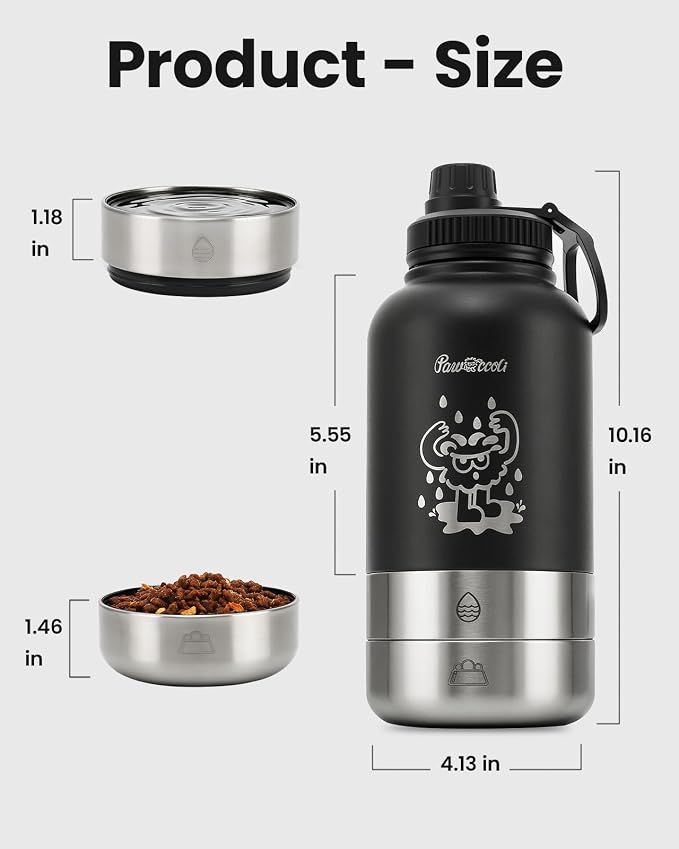 34oz Dog Water Bottle, Stainless Steel Dog Water Bottle Dispenser with Detachable Food & Water Bowls, Keeps Water Hot/Cold, for Walking, Hiking, Camping(Black) - Image 8