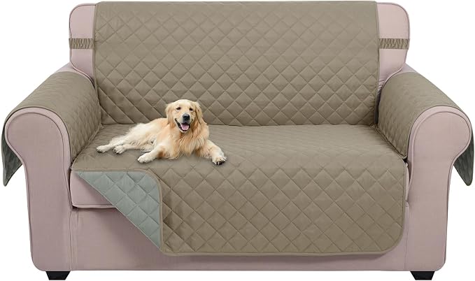 U-NICE HOME Loveseat Sofa Cover for 2 Cushion Couch, Khaki/Light Grey | 45''Loveseat Cover Washable, Pet Friendly, Elastic Straps, Water Repellent, Furniture Protector for 2 Cushion by U-NICEHOME