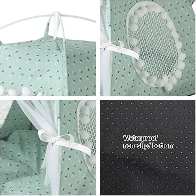 Cat Bed Tents Dog House Indoor Outdoor Lace Mesh Breathable Windows Door Curtains Removable Portable Nest Teepe House (Small,Mint&White) - Image 4