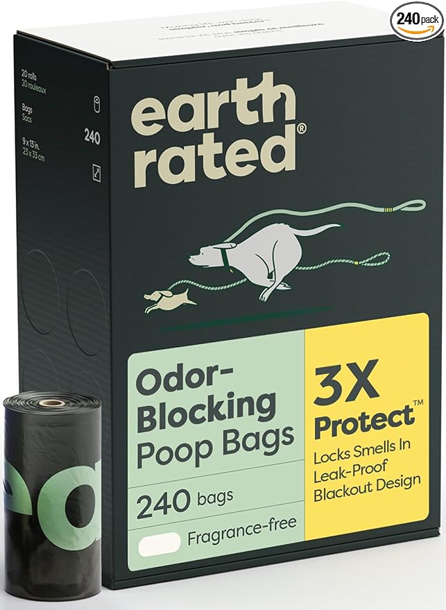 Earth Rated 3X Protect Dog Poop Bag Rolls, Odor Blocking, Unscented, 240 Ct | Leak Proof Extra Thick by EarthRated
