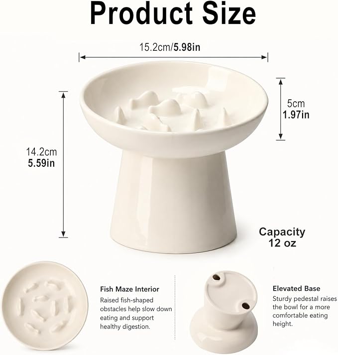 Cat Slow Feeder Bowl, Ceramic Elevated Cat Slow Feeder Bowl, Shallow Wide Opening Dish for Kitty, Anti Vomiting for Dry and Wet Food, Anti-Slip Design, White - Image 3