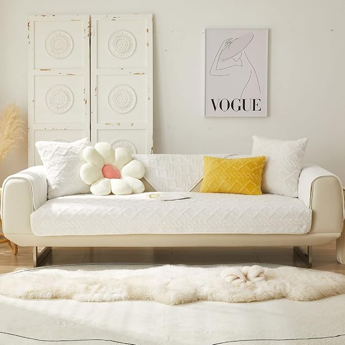 vctops Geometric Jacquard Plush Sofa Couch Covers Farmhouse Neutral Non Slip Sectional Couch Cover Soft Warm Sofa Slipcover for Dogs, Children, Pets Furniture Protector (White,36"x47") - Image 2
