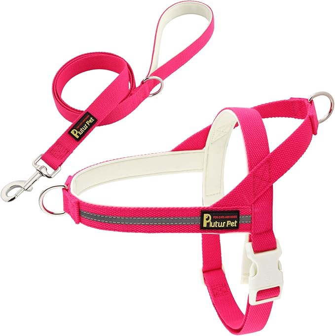 Plutus Pet Cotton Dog Harness and Leash Set, Reflective and Soft Padded, Quick Fit Vest Harness, for Small, Medium and Large Dogs, Hot Pink, L by PLUTUSPET