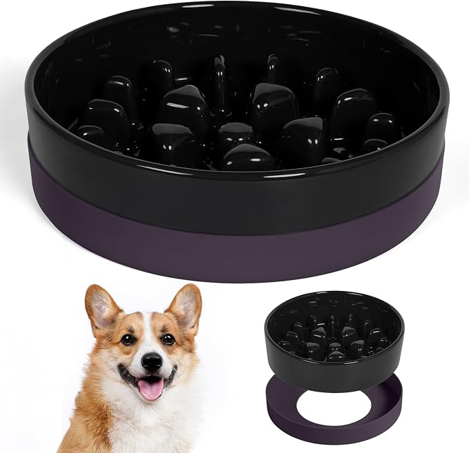Sted Ceramic Slow Feeder Dog Bowls with Silicone Base | Slow Feeding Dog Bowl Small Medium Breed, Dogs Foods Bowls for Fast Eaters, Puzzle Dogs Food Bowl, Maze Black by Sted