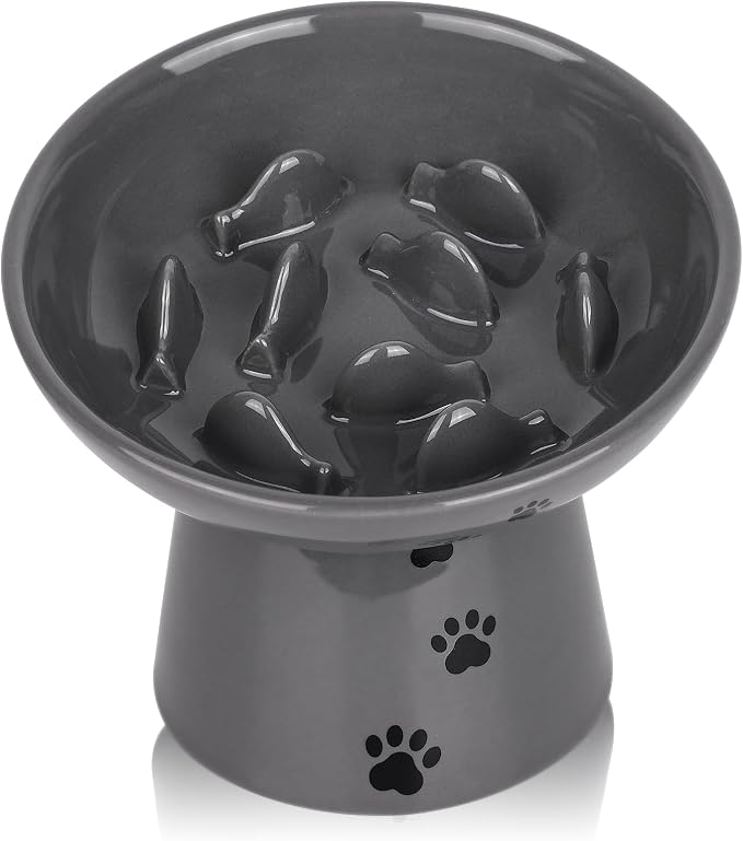 Y YHY Slow Feeder Cat Bowl, Ceramic Cat Slow Feeder Bowl, 6 Inches, Elevated, Anti Vomiting for Dry and Wet Food, Gray by YYHY