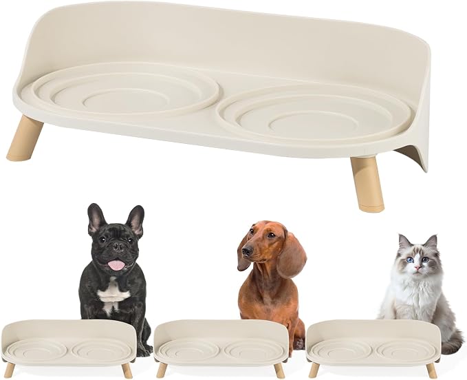 Raised Dog Feeder Bowl Stand (Without Bowls), Fits Dish up to Φ 6" | Spill Proof Elevated Dog Food Stand, Double 3 Diameters Pet Food Holder for Small and Medium Breeds and Cats, White by PTOBER