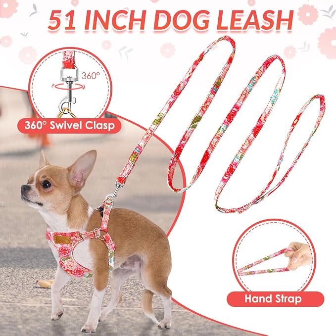 SlowTon No Pull Dog Harness with Leash for Small Medium Dogs, Rose, S | Floral Pattern, Step-in, Lightweight, Easy Put On and Off, No Choke, Soft Cotton and Suede for Daily Walking - Image 4