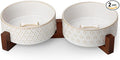 MALACASA Dog Bowl Set, Ceramic Bowls with Walnut Wood Stand, 3.5 Cups | Five-Leaf Grass and Honeycomb Design, Non-Slip Base, for Cats and Dogs, About 26% Heavier than Similar Ceramic Bowls by MALACASA