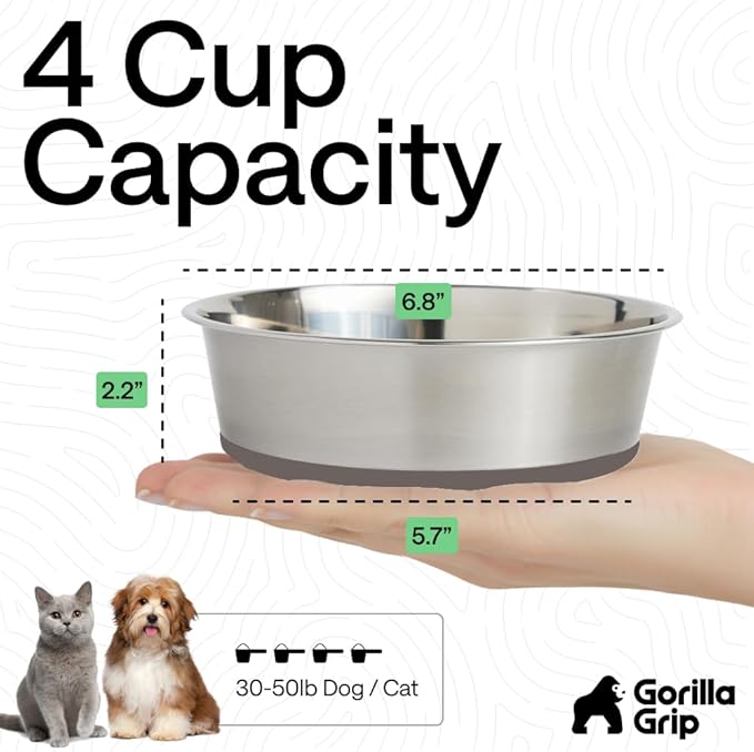 GORILLA GRIP Dog Bowls, Food Grade Stainless Steel, Set of 2, 4 Cup, Beige | 304 Stainless Steel Pet Feeding Bowls Hold 32 fl oz Each, Dishwasher Safe, Rust Resistant, BPA Free Rubber Base - Image 4