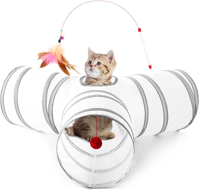 Tempcore Cat Tunnel for Indoor Cats, 3 Way Collapsible Pet Play Tunnel with Teaser Wand, Peek Holes & Hanging Ball, Interactive Tube for Kittens & Rabbits, White & Light Grey by Tempcore