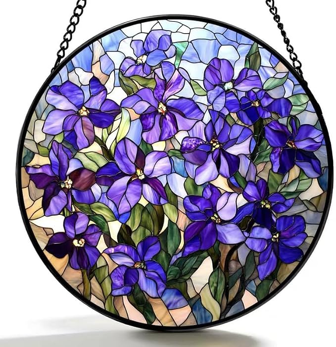Stained Glass Window Hanging Lilac Stained Glass Style Suncatcher Round Purple Flower Window Hanging Decorative Panel Sun Catcher for Home Window Garden Gift by qzmaikoo