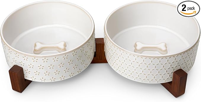 MALACASA Dog Bowl Set, Ceramic Bowls with Walnut Wood Stand, 6 Cups | Five-Leaf Grass and Honeycomb Design, Non-Slip Base, for Dogs, About 26% Heavier than Similar Ceramic Bowls by MALACASA