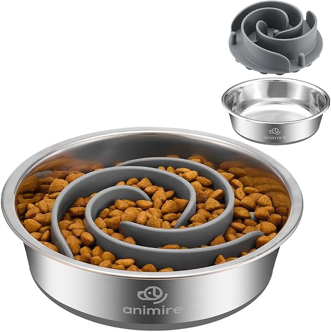 2-in-1 Metal Dog Bowl with Slow Feeder Insert, Stainless Steel Dog Bowls Food Grade 304, Water Food Bowl with Anti-Slip Silicone Base for Small, Medium, Large Breed Dogs by Animire