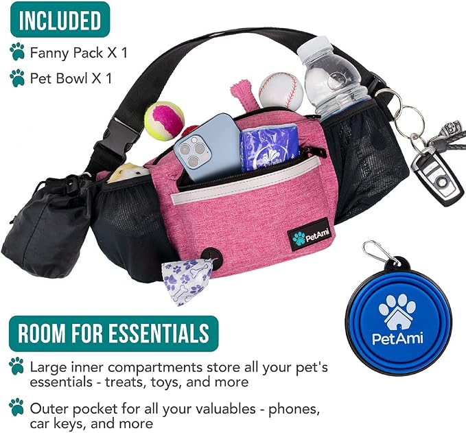 PetAmi Dog Fanny Pack, Treat Pouch for Dog Walking Training, Pink | Built in Poop Bag Dispenser, Water Bottle Holder, Collapsible Bowl, Pet Treat Waist Belt for Hiking Running Kibbles - Image 2