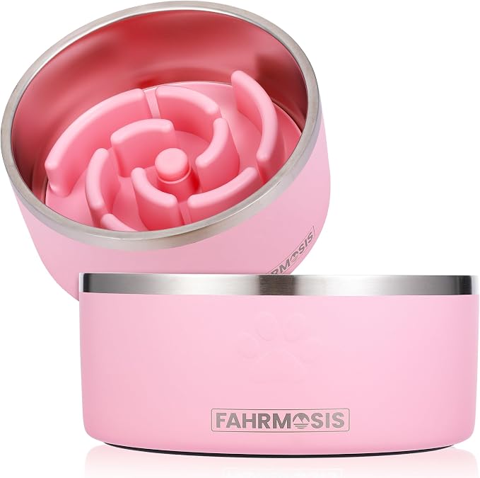 FAHRMOSIS 64 OZ Dog Bowl with Slow Feeder Insert Stainless Steel Pet Water Bowl for Medium & Large Breed Non Slip Rubber Base & Plastic Puzzle Feeder - Pink by Fahrmosis
