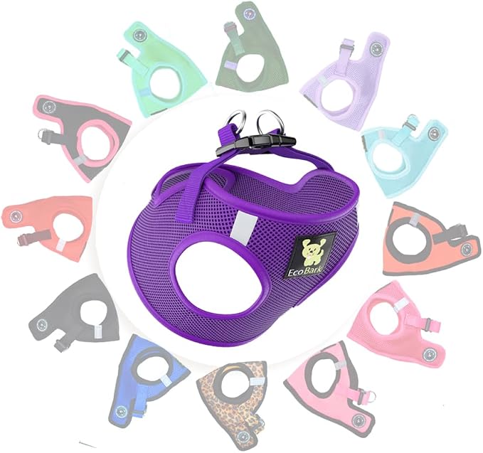 EcoBark Step in Dog Harness, Reflective & Adjustable Mini Halter Vest | Eco Friendly Teacup Dog Harnesses for XXXS, XXS, XS & Small Dogs, Tiny Soft Mesh Toy Breed Body Harness, Purple Color by EcoBark