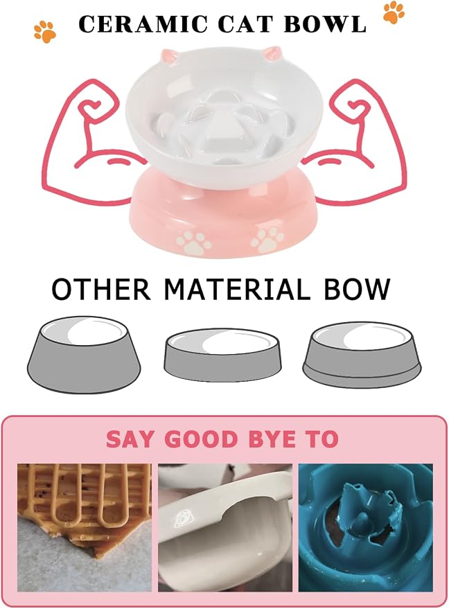 Y YHY Ceramic Slow Feeder Cat Bowl, Elevated Cat Bowl Tilted Design Slow Feeder for Dog and Cat for Dry and Wet Food, Pink - Image 4