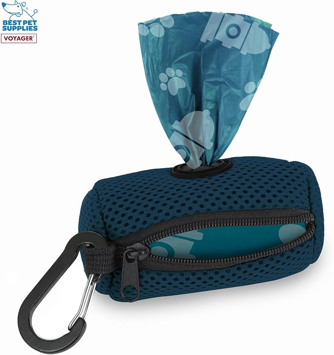 Best Pet Supplies Dog Poop Bag Holder Leash Attachment with Reusable Dispenser for Travel, Walking, Park, and Outdoor Use, Durable with Clip-On - Prussian Blue, Mesh Dispenser w/15 Bags - Image 2