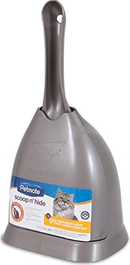 Petmate Scoop N' Hide Cat Litter Scoop with Discreet Holder, Brushed Nickel | Features a Deep Bucket Scoop with Built-In Rake to Sift Litter and a Hinged Stand That Hides the Scoop Between Cleanings by Petmate