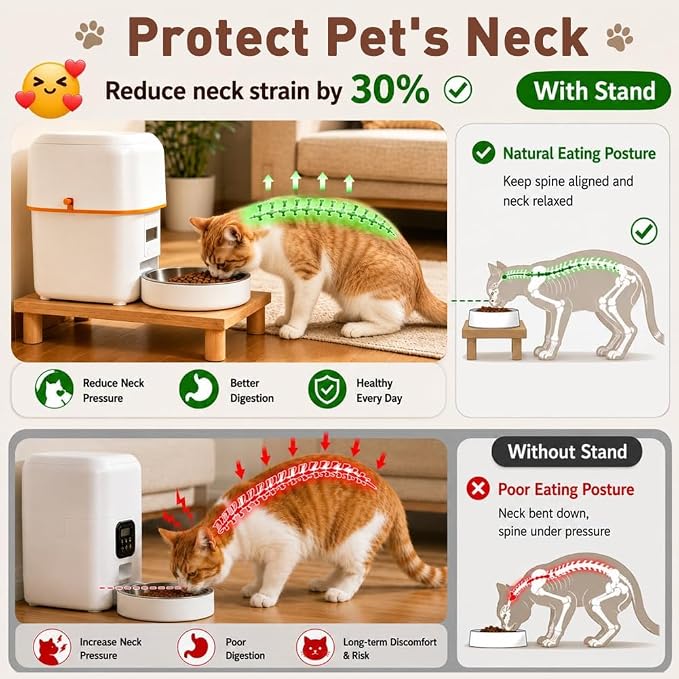 SZEE Cat Food Stand, Elevated Cat Feeder Stand for Automatic Feeder & Bowls | Lifted Cat Food Table Station, Raises Feeder/Bowl by 2 3/8", Relieves Spine and Joints Noticeably on Pets - Solid Pine Wood - Image 2