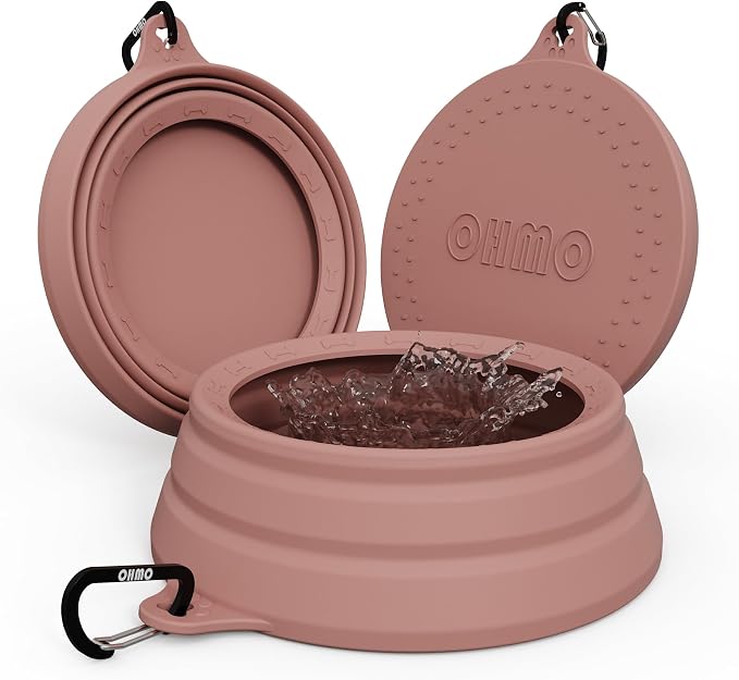 OHMO Spill Proof Collapsible Dog Bowl, 34oz Portable Dog Water Bowl | Low Center Gravity Stability, Tapered Splash Control, Foldable, Dishwasher Safe, Dog Travel Essential, Coral by OHMO