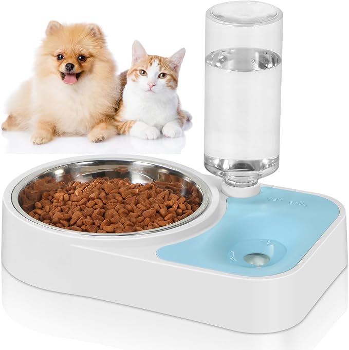 JUST RUN Double Dog Cat Bowls, Dog Cat Food and Water Bowl Set with Automatic Water Dispenser Bottle, Super Big Detachable Stainless Steel Food Bowl for Small Dogs Puppy and Cats Kitten Rabbit(Blue) by JUST+RUN