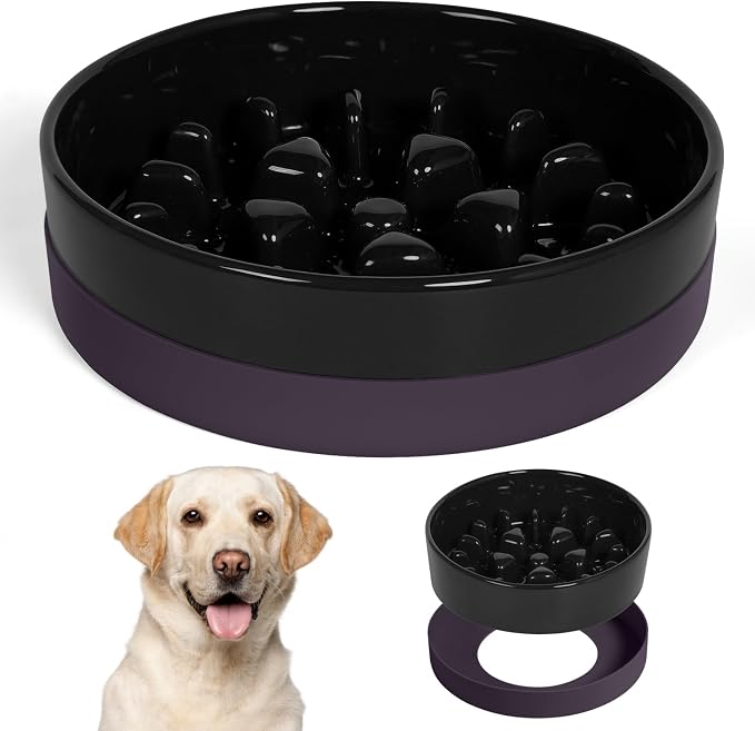 Sted Ceramic Slow Feeder Dog Bowls for Medium Large Breed | Slow Feeding Dog Bowl, Dogs Food Bowls for Fast Eaters, Puzzle Dogs Food Bowl with Silicone Base, Maze Black by Sted