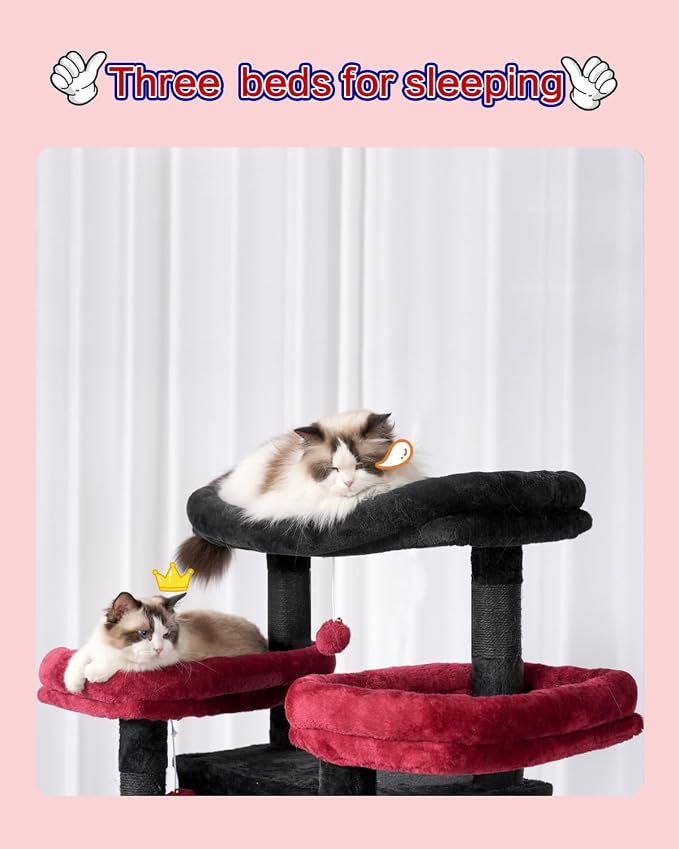 Cat Tree, 74" Tower for Large Cats, Big Condo Hammock CCT030BR | Heavy duty, 3 Big Platforms, 2 Baskets, 2 Condos, Multi-Level Cat Scratching Posts, Indoor Cats Large Adult, Black and red - Image 3