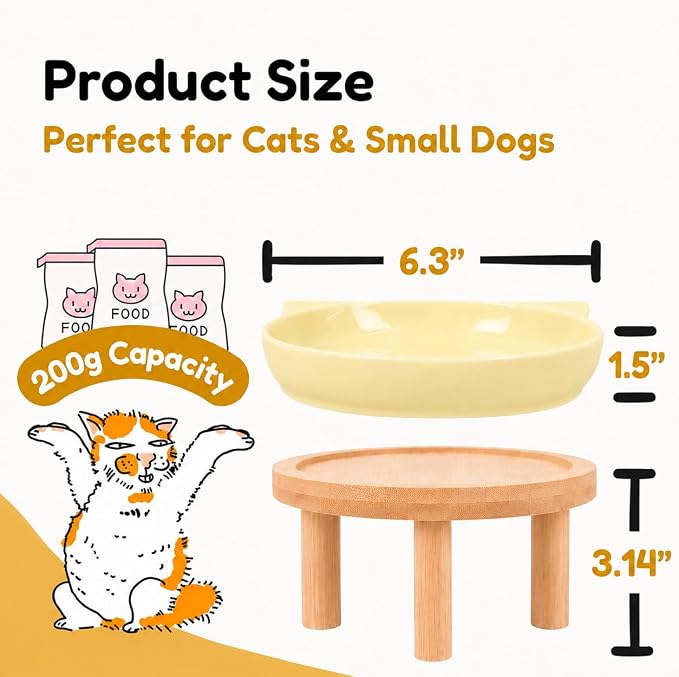 Elevated Ceramic Cat Bowls with Bamboo Stand for Cat Bowl, Whisker Friendly Shallow Cat Plate, Stable Raised Cat Food Riser for Indoor Cats (Yellow, Set of 1) - Image 2
